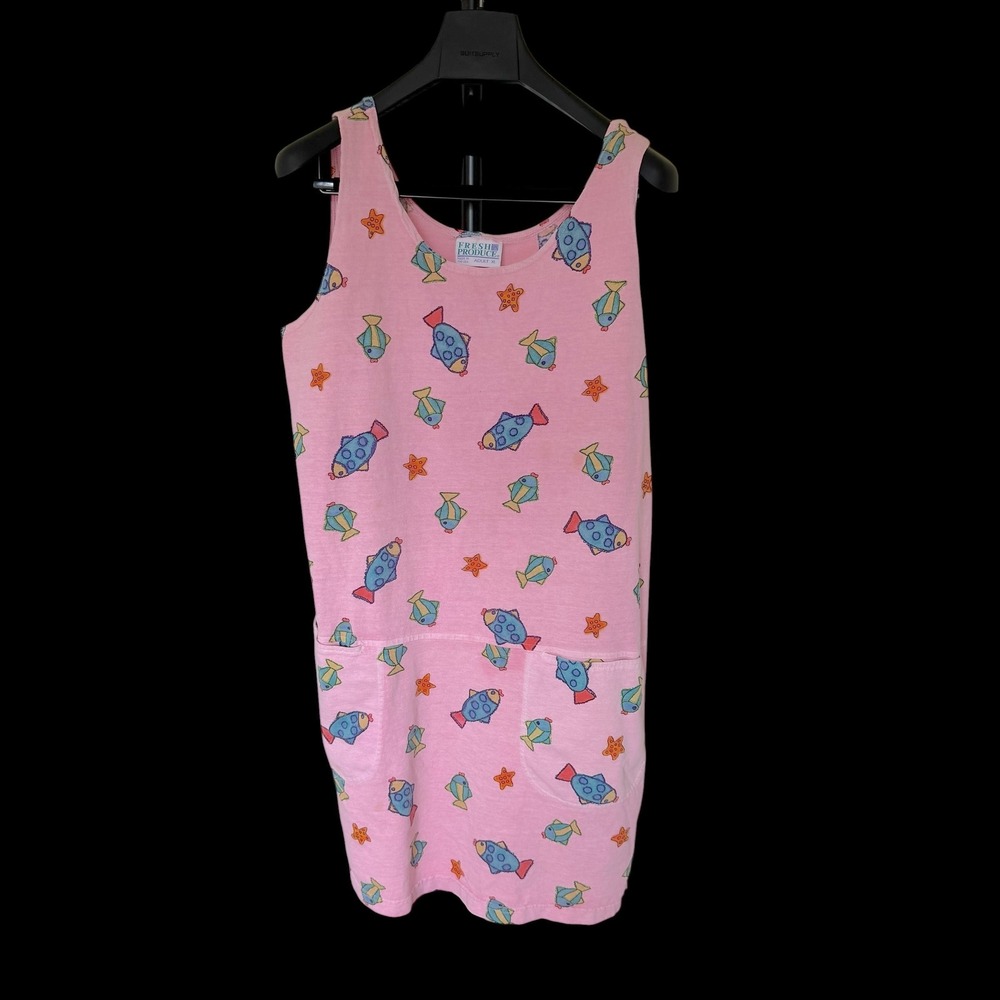 90's Fresh Produce Pink Tropical Fish Starfish Pocket Shift Dress XL Made in USA